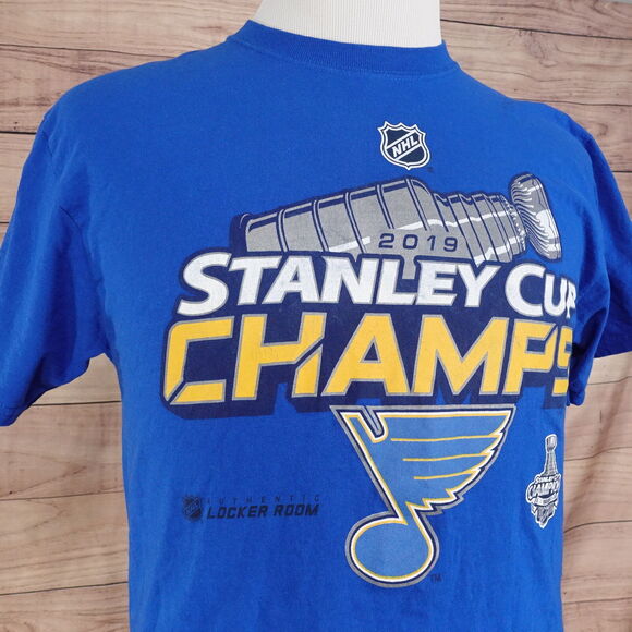 ST LOUIS BLUES NHL HOCKEY 2019 STANLEY CUP CHAMPIONS LOCKER ROOM TSHIRT SZ M - Picture 2 of 7